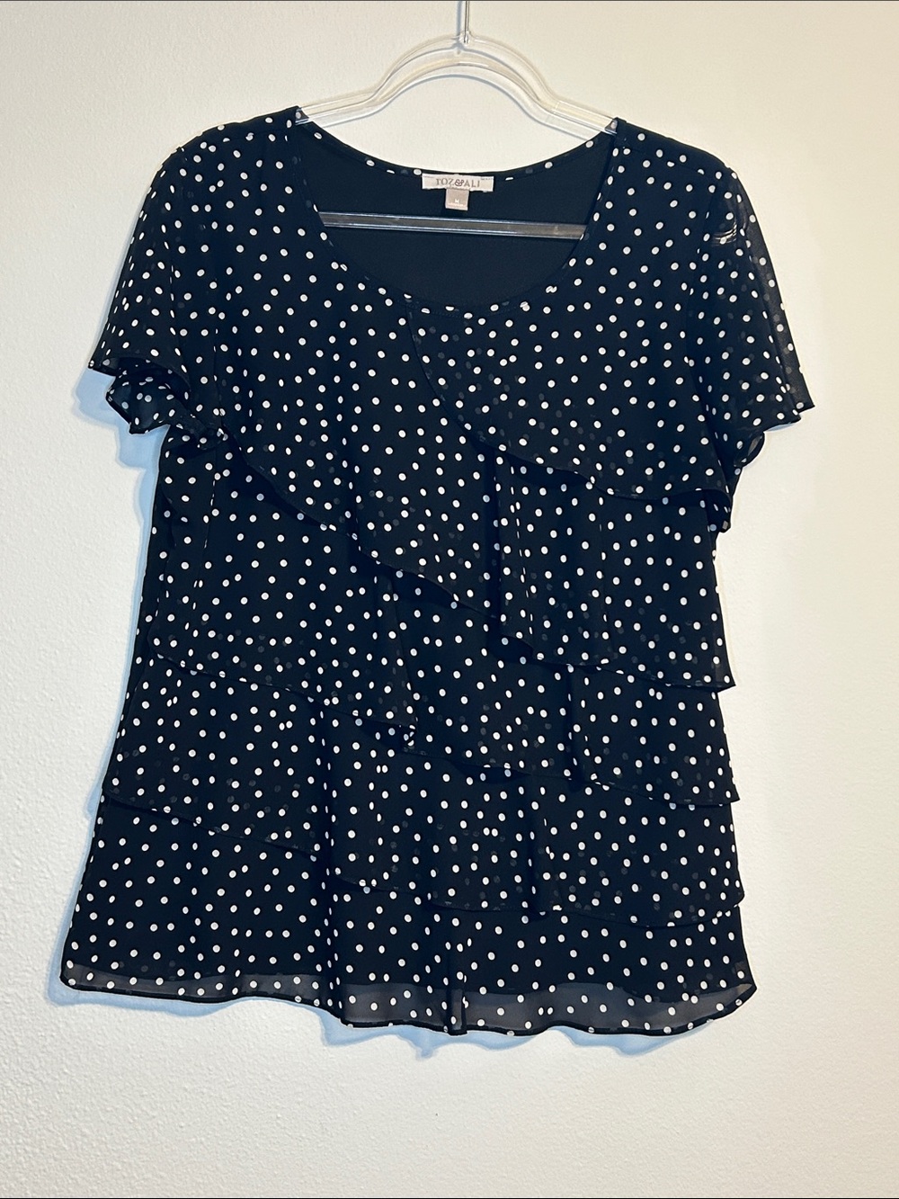 Roz & Ali Black and White Polka Dot Ruffle Blouse Size M